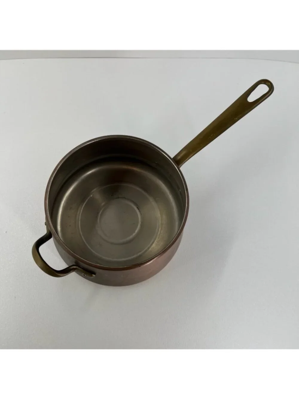 Vintage Solid Copper Saucepan Tin Lined Brass Long & Helper Handle Pot
